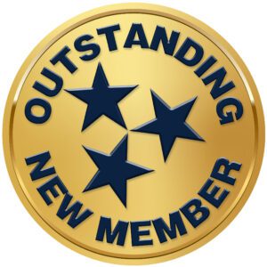 Gold badge with stars reading 'Outstanding New Member'.