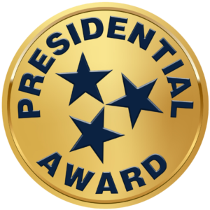 A gold Presidential Award badge with three stars and bold text.